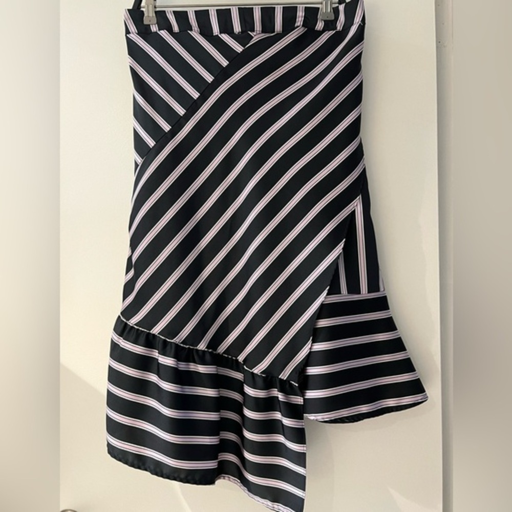A New Day Asymmetrical Midi Tube Skirt Black Striped Purple White Women’s L
